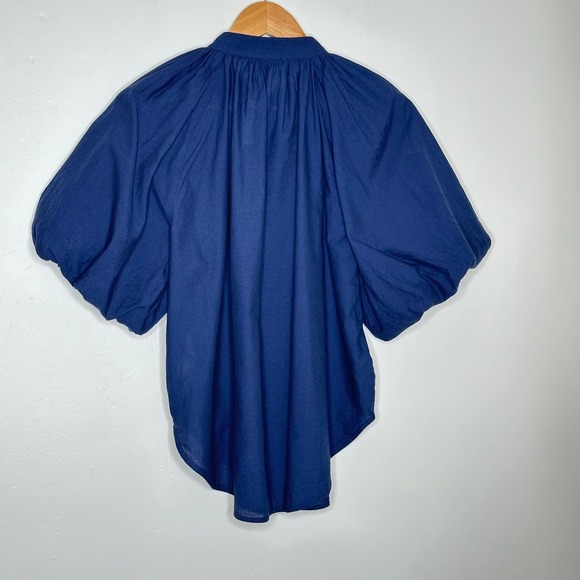 Madewell Shirred Balloon-Sleeve Top Button Front Blouse Navy Blue Size Large - Picture 3 of 10
